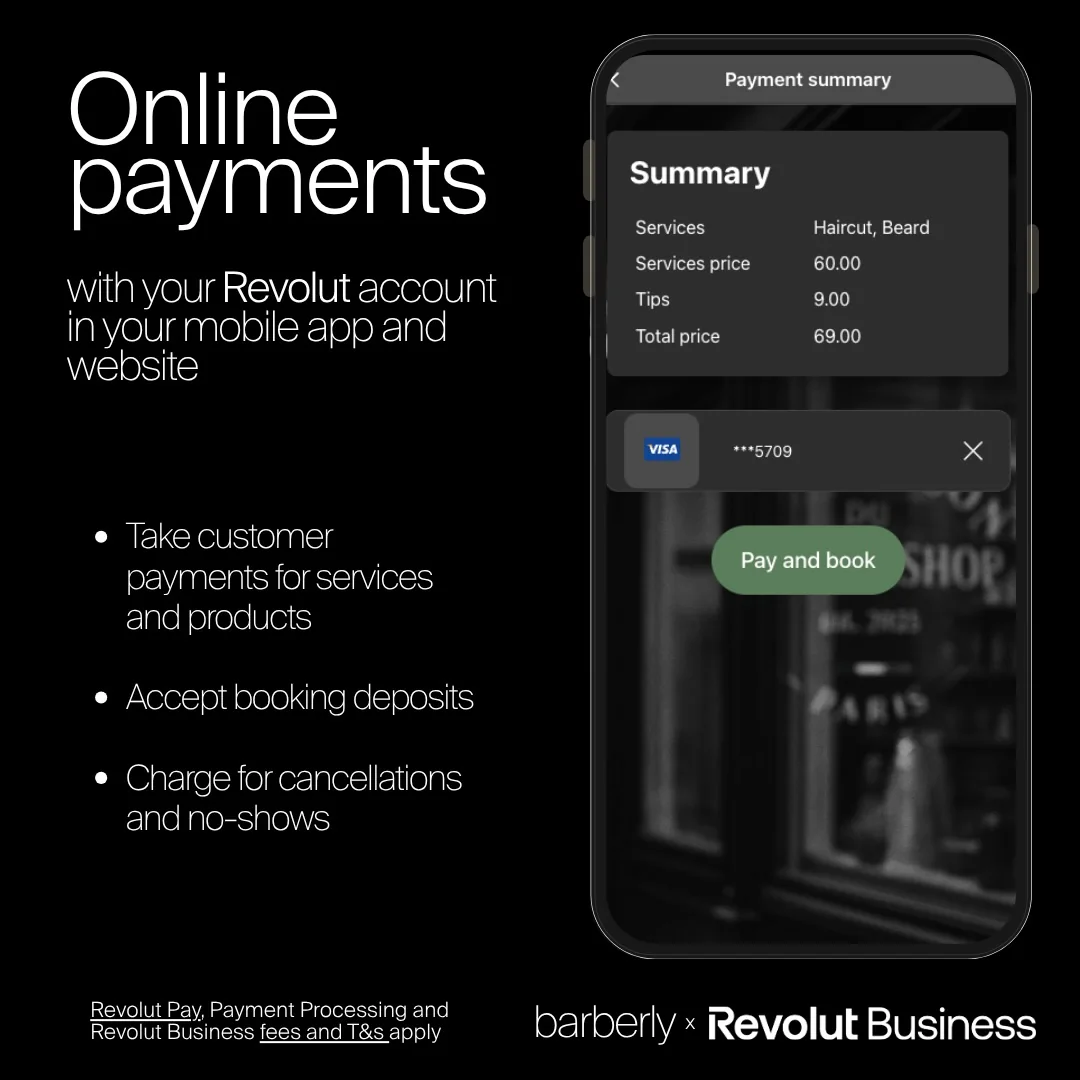 App de marcações de uma barbearia a receber um pagamento com cartão via Revolut
