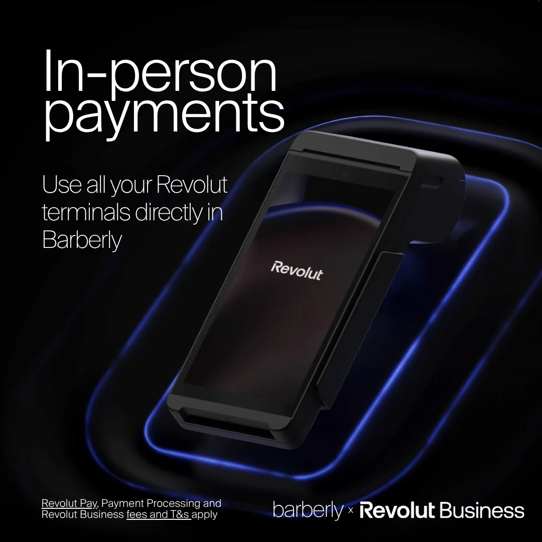 Terminal de pagamento Revolut usado com o software Barberly