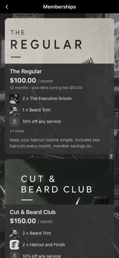 Planos de subscrição na app personalizada de uma barbearia